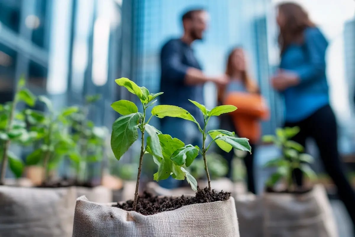 84% of Businesses Stick With or Strengthen Sustainability Targets, Says PwC_Young saplings in the foreground, with office workers and contemporary buildings in the background_visual 1