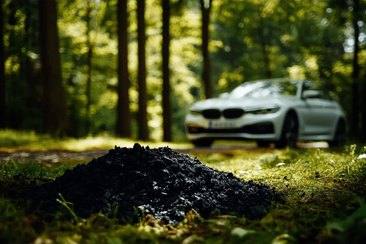 BMW Invests in Biochar Carbon Removal, Retires First Credits_Close-up of a biochar on green grass, with a white BMW in the background on a forest road_visual 1