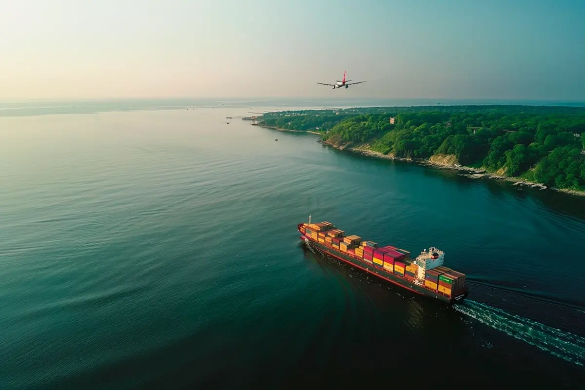 Carbon at the Border, US Considers Major Fees for Polluting Imports_Aerial view of a cargo ship sailing through calm ocean waters, with a cargo airplane flying in the distance_visual 1-1