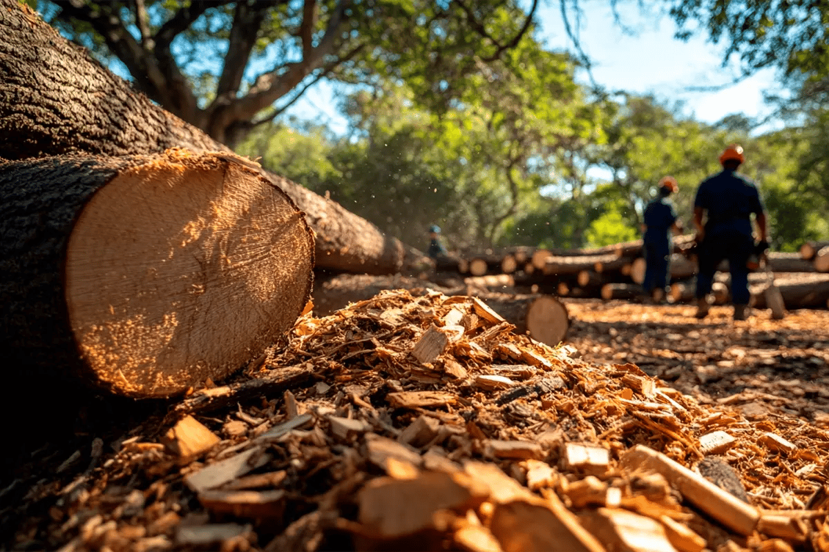 How Carbon Credits Could Help Clear South Africa’s Invasive Trees_Biomass from invasive trees in the foreground, with logs, wood chips, and workers visible in a South African forest in the background_visual (1)