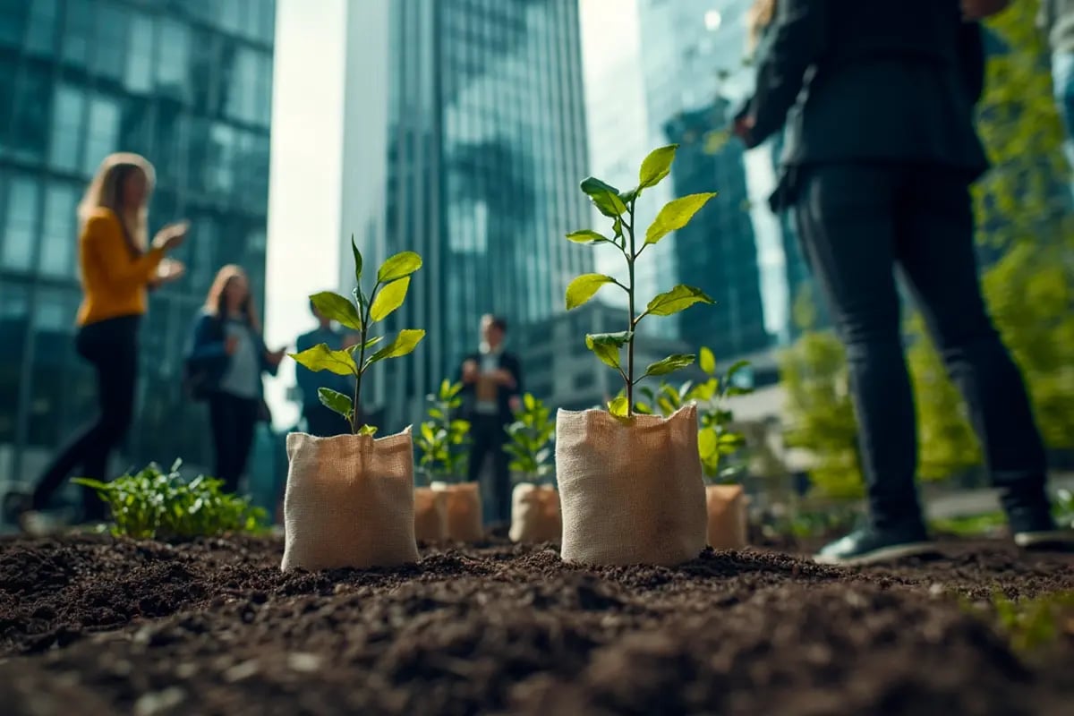 Is Net Zero Still a Priority for Businesses, What the Data Says_Close-up of tree seedlings ready for planting, with office employees gathered in front of the buildings_visual 1