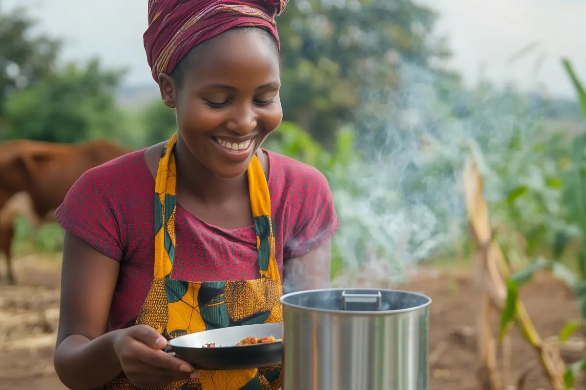 Kenya Targets $45 Billion in Support to Cut Emissions by 2035_An African woman cooking a dinner using an energy-efficient cookstove with a backyard in the background_visual 1