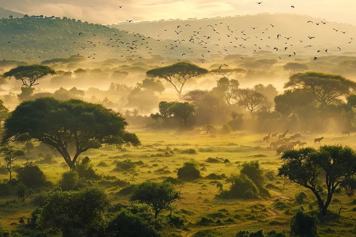 Kenya to Roll Out Article 6-Aligned Carbon Rules by Year-End_Expansive view of a rich Kenyan forest, alive with wildlife and bathed in early morning light_visual 1