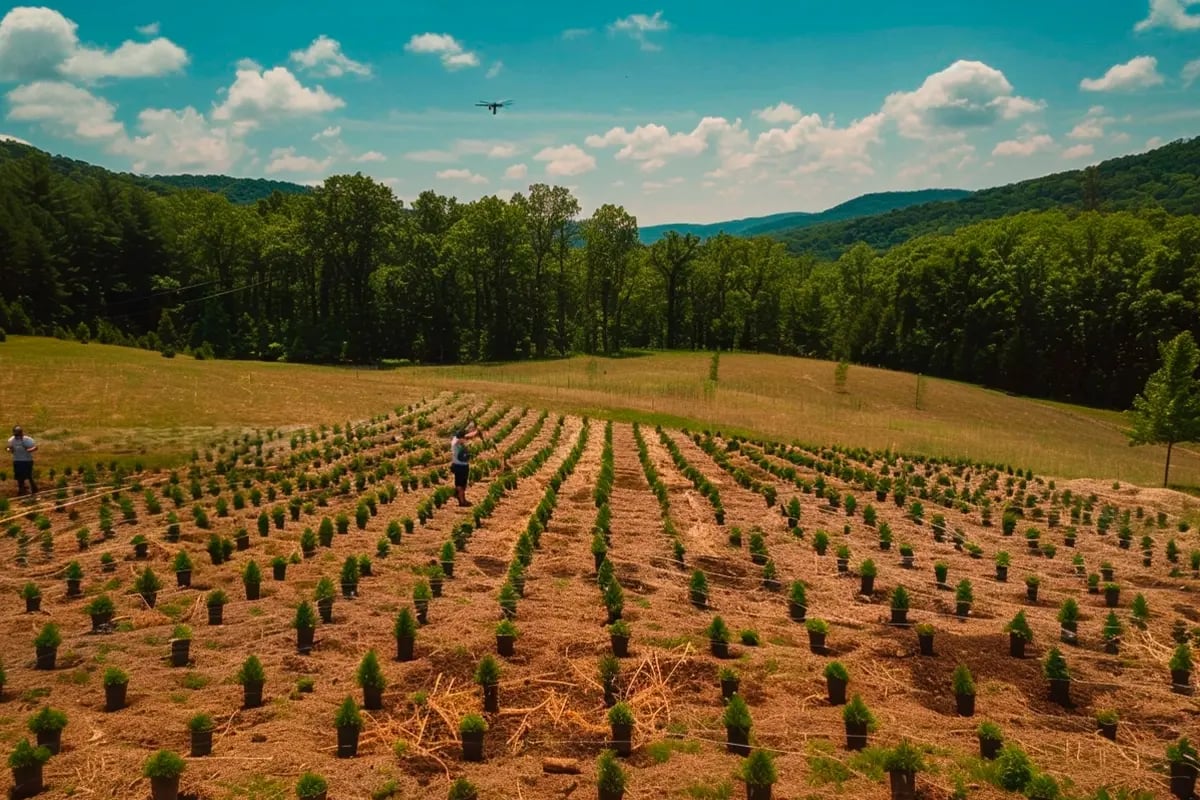Microsoft Doubles Down on Carbon Removal with Record-Setting Deals_Wide shot of a reforestation project in Appalachia, with locals planting trees and gathering data using a drone_visual 1