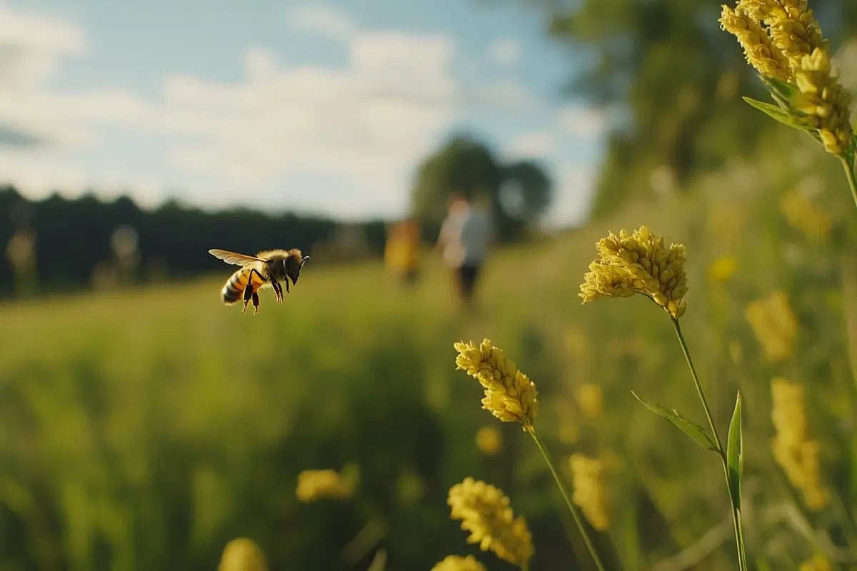 New €50M Loan Fund Set to Supercharge Soil Carbon Farming Across Europe_Close up of golden crops with a bee hovering nearby, and farmers from Lithuania in the background_visual 1