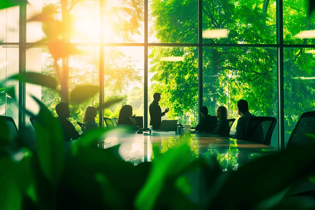 SBTi’s New Draft Brings Carbon Removal Into Corporate Planning_An office scene seen through green plants, with employees and a speaker addressing a team_visual 1