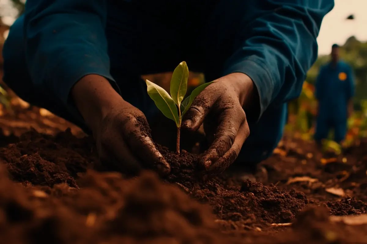 South Africa Raises Carbon Offset Limits, Strengthening Domestic Market_A tree nursery worker carefully plants a seedling in fertile South African soil, with a lush forest behind_visual 1