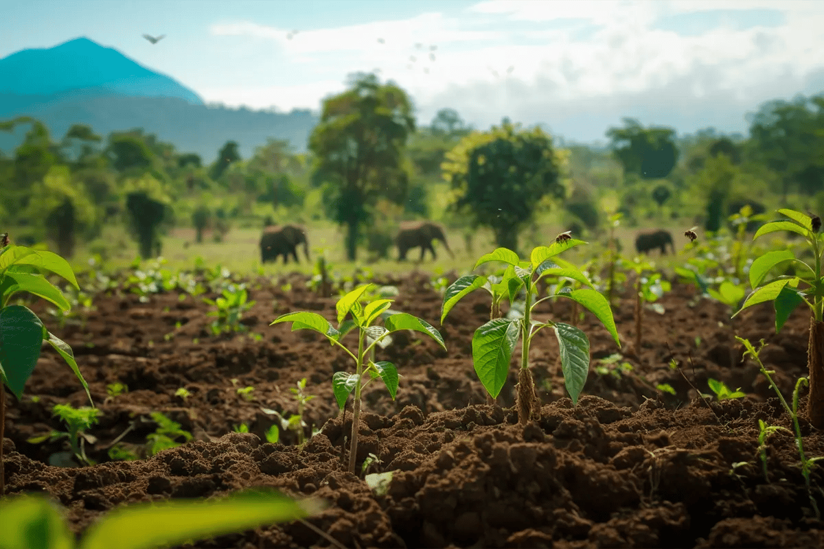 The Lifecycle of a Carbon Unit, From Project to Marketplace_A close-up of young tree seedlings with a biodiverse African forest in the background_visual 1