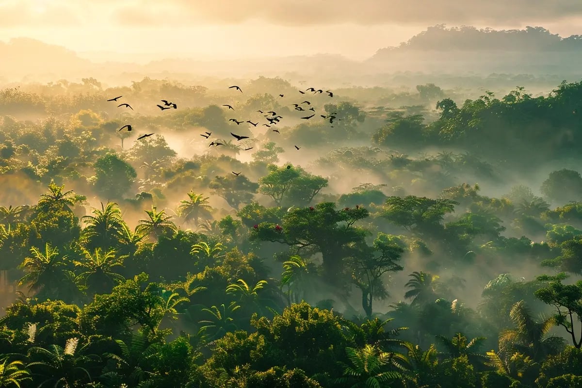 Vietnam Signals Green Light for Higher Carbon Offset Use in ETS_Tropical jungle scene with mist and birds in Cát Tiên National Park_visual 1